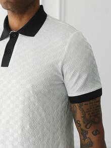 HUEFORM Men's Mature Style Rhombus Jacquard Vintage Old Money Casual Daily Commute Versatile Textured Contrast Color Collar Knit Short Sleeve Top - White - View 4