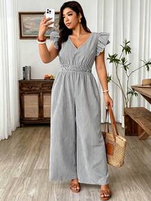 Weeklong Plus Size Women's Fashion Casual Black And White V-Neck Flutter Sleeve Cinched Waist Wide Leg Jumpsuit, Suitable For Spring/Summer, Vacation, Holiday - Black and White - View 8