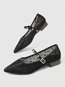 ROMWE Goth Pointed Mesh Yarn Breathable Mesh Surface Low Vamp Versatile Comfortable Fairy Black Flat Autumn Shoes - Black - View 2