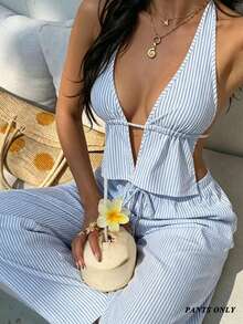 Swim Vcay 2026 New Cross-Border Model, 1 Piece, Blue And White Striped Elegant Vacation-Style Women's Swim Pants - Blue and White - View 7