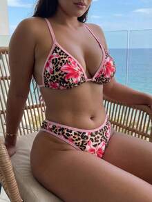 Swim Vcay Plus Size Women's Sexy Tropical Tropical Leopard Print Two Pieces Bikini Set, Contrast Trim Triangle Cup Swimwear, Suitable For Beach Vacation, Summer - Pink - View 1