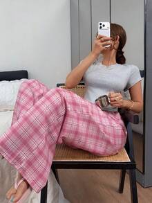 Napfluff 休閒居家與街頭風格格紋針織短袖女款睡衣長褲套裝 - 灰色 - 查看 3