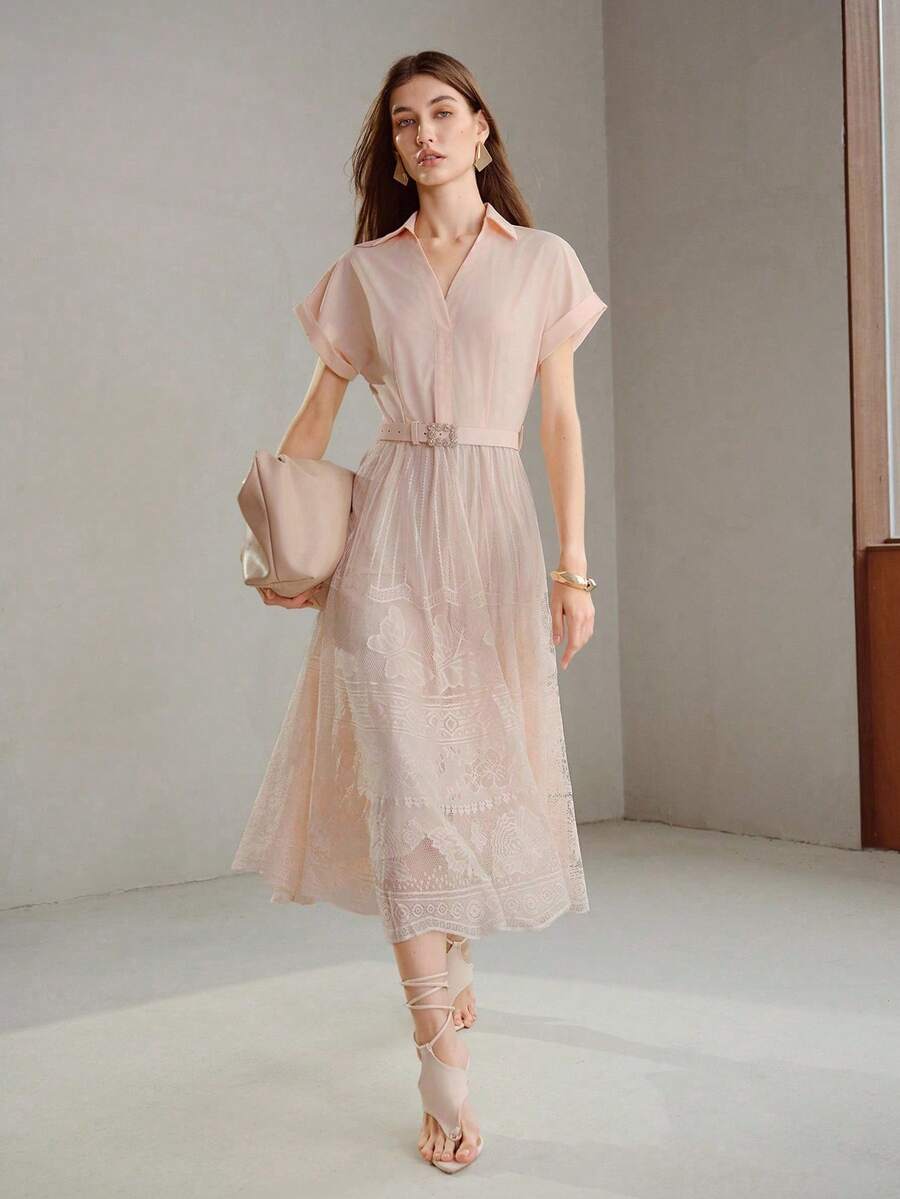 MOTF PREMIUM WOMEN'S CONTRAST LACE FLARE HEM BATWING SHORT SLEEVE BELTED DRESS - Pink - View 2