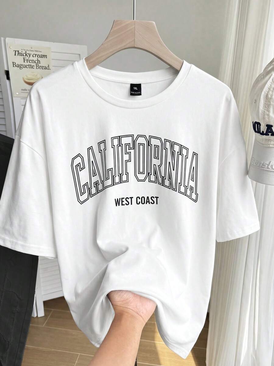 Comfortcana Plus Letter Graphic Drop Shoulder Tee California Plus Size T-Shirt Back-To-School Graduation Green Summer - White - View 1