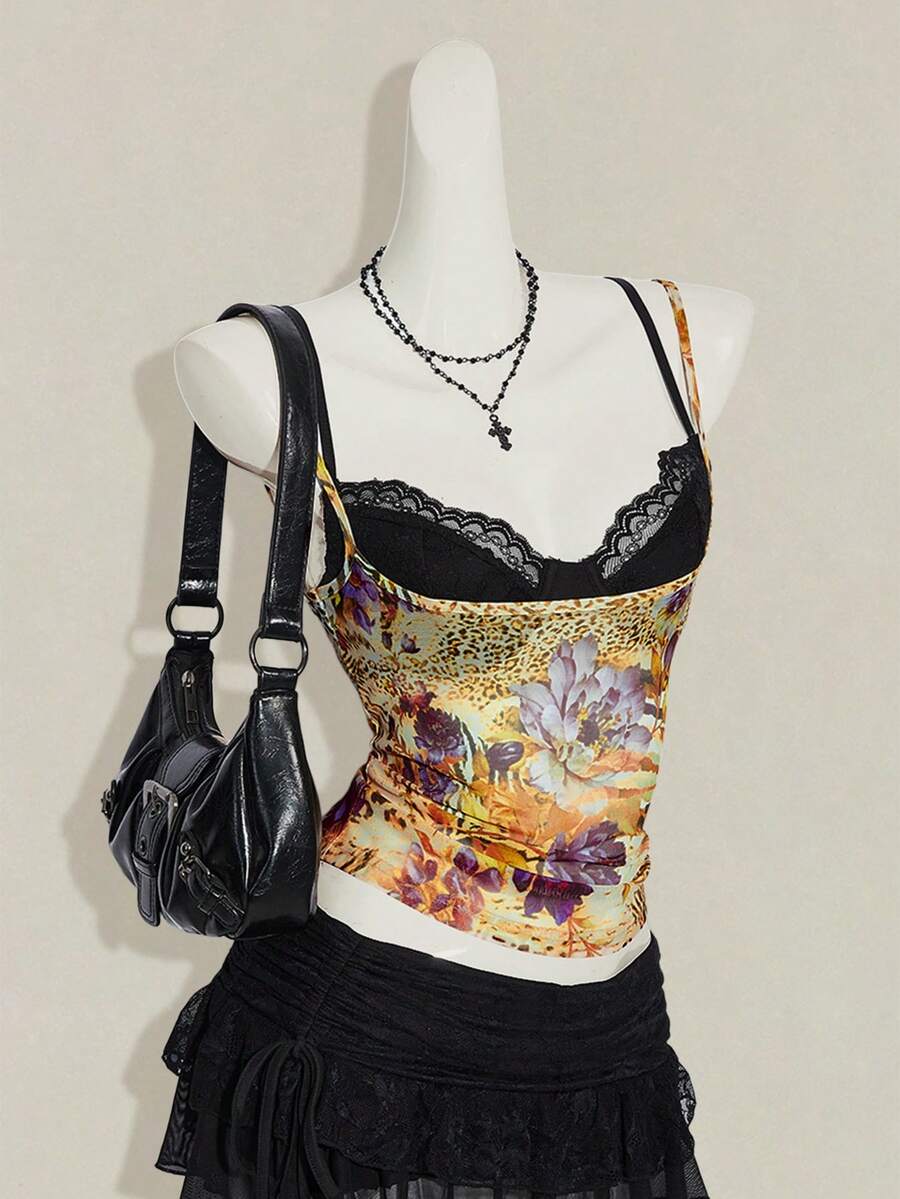 SHEIN ICON 女款豹紋透視細肩帶上衣搭配黑色蕾絲內衣 2件套 - 彩色 - 查看 1