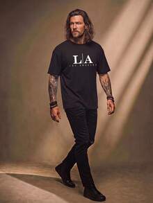 Fenqiro Men's Casual Letter Graphic Round Neck Short Sleeve T-Shirt, Summer - Black - View 4