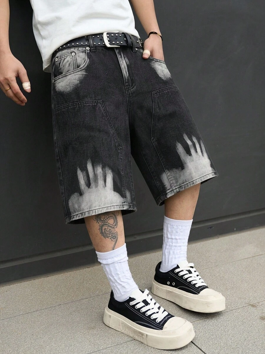 GALLERY FADE Denim Button Zipper Pocket Finger Pattern Shorts - Black - View 1