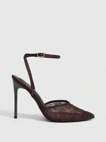 CUCCOO SZL Women's Elegant Brown Pointed Toe Sequin Embellished Ankle Strap Stiletto Heel Pumps - Coffee Brown - View 2