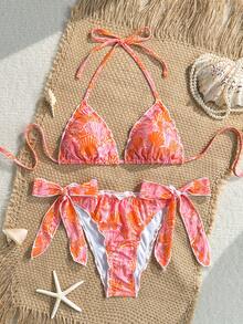 Swim Vcay Set Bikini Wanita 2 Potong Musim Panas Seksi Motif Kerang & Bunga Acak Tepi Bergelombang Leher V Model Halter - MultiWarna - View 1