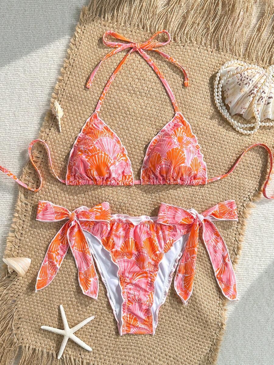 Swim Vcay Set Bikini Wanita 2 Potong Musim Panas Seksi Motif Kerang & Bunga Acak Tepi Bergelombang Leher V Model Halter - MultiWarna - View 1