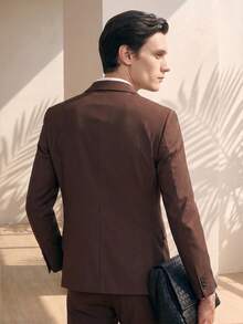 RONVEXI Men 1pc Peak Collar Blazer & 1pc Formal Suit Pants, Old Money Style, Ceremony - Coffee Brown - View 3