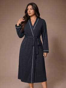 Lazeform Plus Size Casual Long Sleeve Tie Waist Long Robe - Navy Blue - View 6