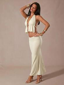 Hauture Women's Solid Color Ruched Halter Top And Skirt Casual Daily 2-Piece Set - Yellow - View 5