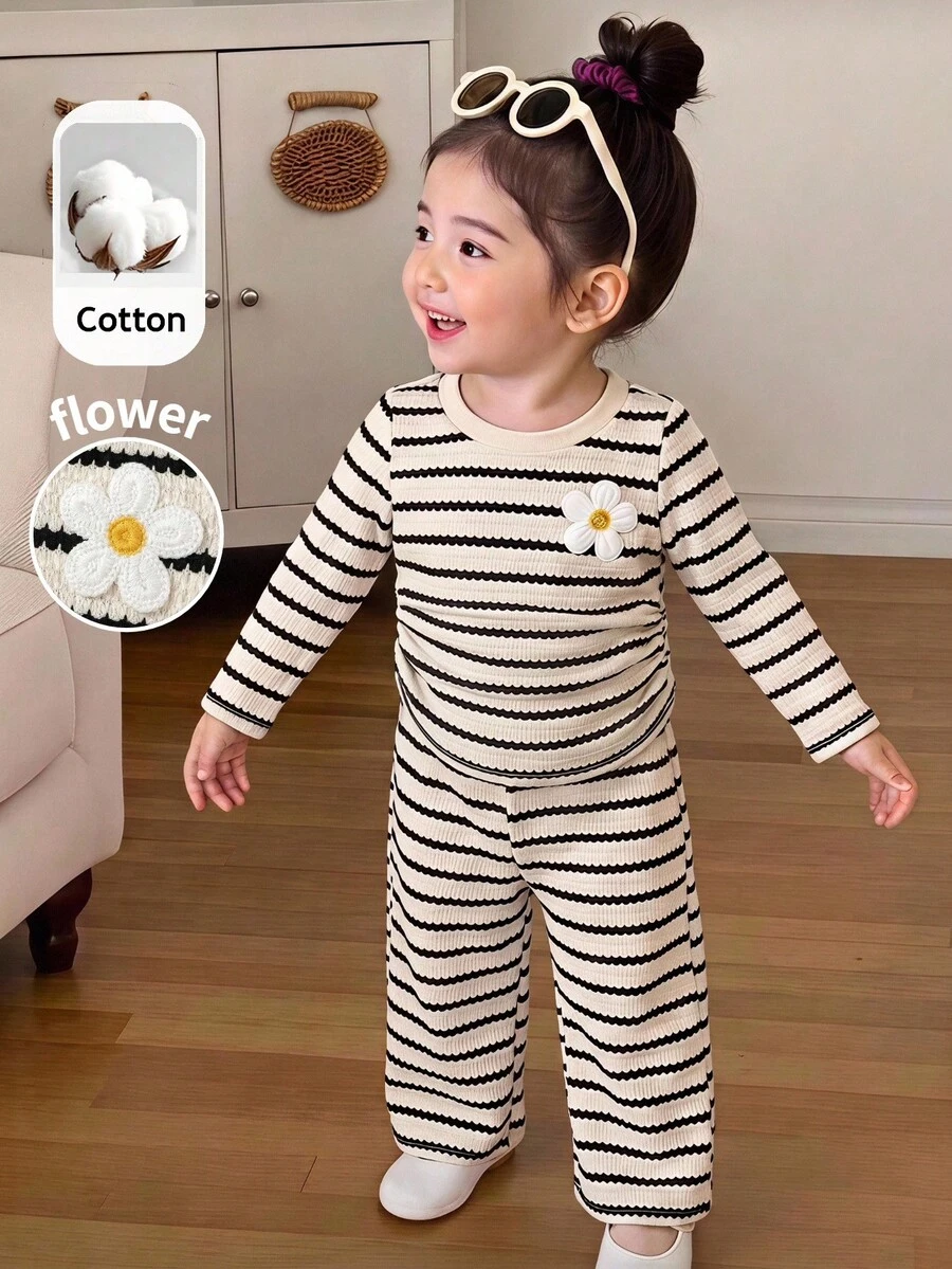 SHEIN Baby Girl Knit Striped Floral Round Neck Top And Long Pants Set - Multicolor - View 1