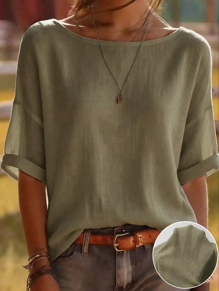 Zayélia 女款針織素色簡約休閒度假夏季短袖T恤 - 綠色 - 查看 1
