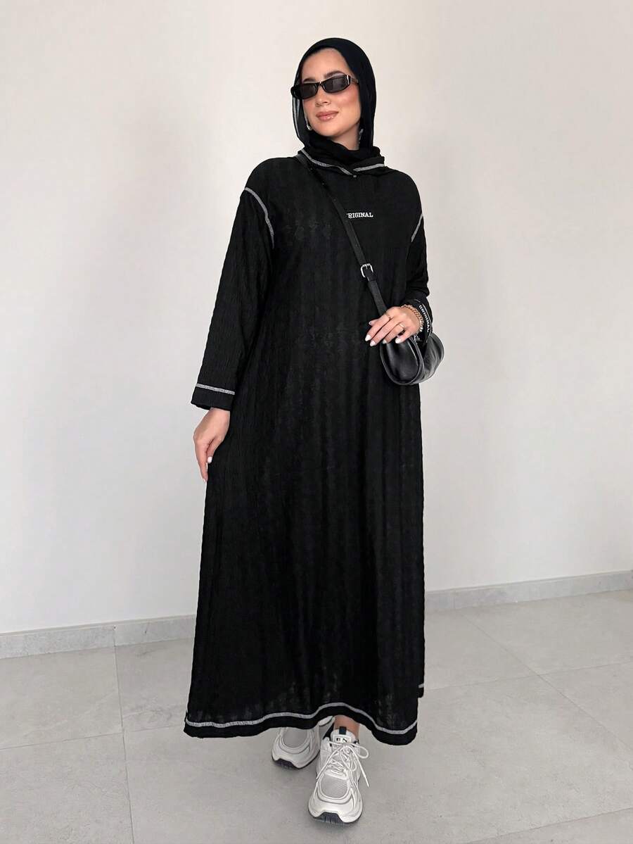 Solavon Hooded Contrast Stitching Letter Long Sweatshirt Dress - Black - View 1