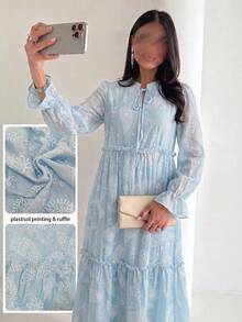 Al Najma Stand Collar Long Sleeve Embossed Jacquard Blue Color Block Dress - Blue - View 5