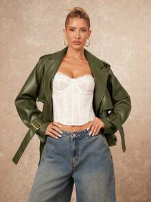 Lumalex Chaqueta casual de manga larga raglán de cuero PU de unicolor para mujer - Verde Oliva - Ver 7