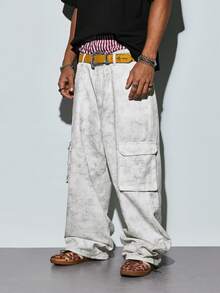 Modcrash Vintage Distressed Cargo Pants, Loose Wide Leg Pleated Design, Streetwear Multi-Pocket Casual Jeans - Light Grey - View 1
