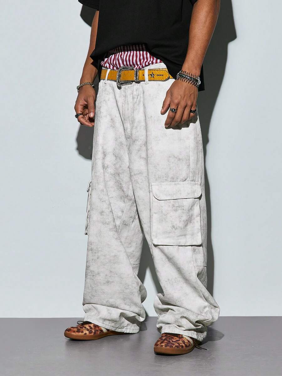 Modcrash Vintage Distressed Cargo Pants, Loose Wide Leg Pleated Design, Streetwear Multi-Pocket Casual Jeans - Light Grey - View 1