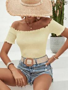 SHEIN VCAY Camiseta de mujer para vacaciones de unicolor con volantes, hombros descubiertos y manga corta - Albaricoque - Ver 5