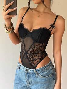 Aloruh Sexy Elegant Lace Mesh Patchwork Bodysuit Night Out Date Night Club Black Summer - Black - View 2