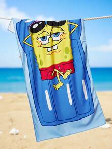 SpongeBob SquarePants | SHEIN 1件裝卡通海綿印花浴巾沙灘巾，可用於海灘、游泳巾 - 藍色 - 查看 1
