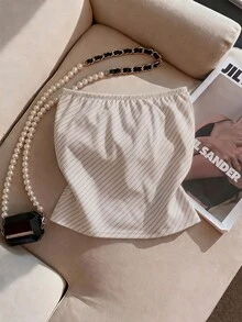 Franclia 女款夏季休閒條紋金屬裝飾抹胸上衣 - 咖啡棕 - 查看 2