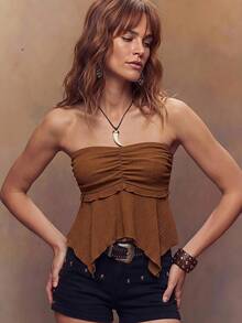 Fembélia Women's Summer Casual 90s Boho Solid Color Asymmetric Hem Tube Top Night Out Concert Vacation All Dark Brown - Brown - View 4