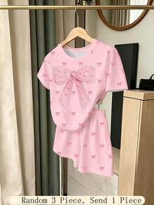 SHEIN 隨機 1 套青少年女孩盲盒 T 恤短褲套裝，韓系甜美復古豹紋蝴蝶結圖案，適合學校、日常穿著、外出、派對、拍照，夏季 - 彩色 - 查看 4