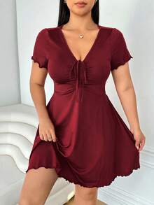 Enliva Plus Size Women's Valentine's Day Red V-Neck Twist Front Midi Dress - Burgundy - View 6