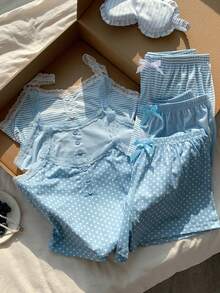 Comfortcana 6件套女士休闲修身仿门襟蕾丝拼接印花吊带背心和短裤睡衣套装 - 藍色 - View 1