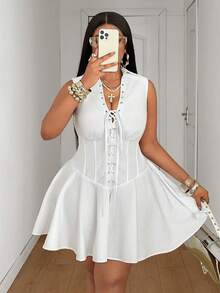Maweii Plus Size Women's White Sleeveless Spaghetti Strap Summer Dress With Eyelet Lace-Up Waist, Sexy Slimming Bodycon Short Dress, Simple Fashionable Summer Travel Date Dress - White - View 6