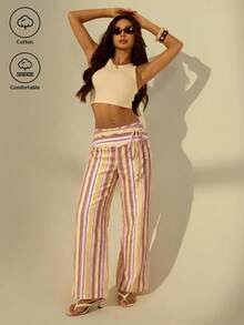 SHEIN PETITE 女款條紋拼色休閒百搭日常穿著長褲 - 黃色 - 查看 7