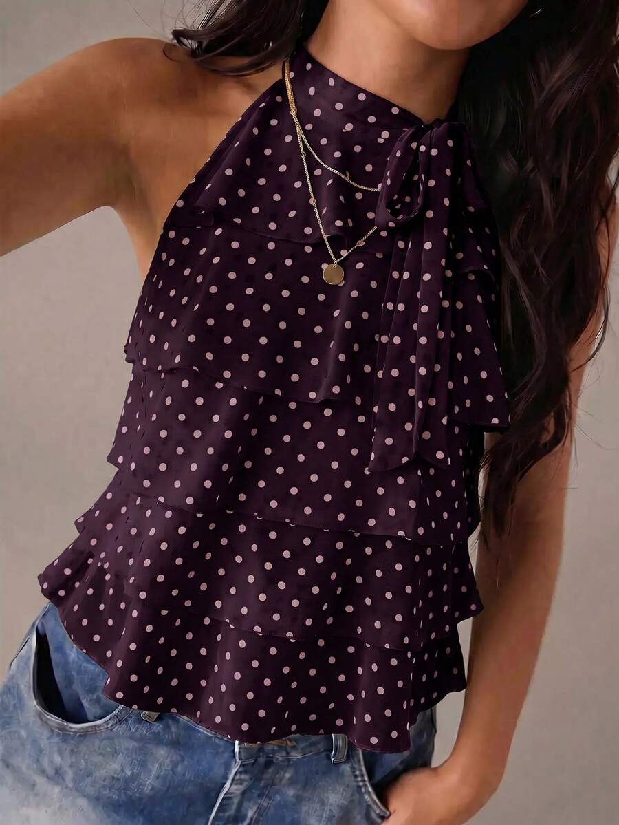 SHEIN BAE Women's Polka Dot Print Multi-Layer Ruffle Halter Top - Maroon - View 1