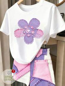 (Random Pattern, 1 Set Random) Summer Young Girls Toddler Fresh Colorful Floral Patchwork Striped Strawberry Flower Print Casual Basic Short T-Shirt And Shorts Set - Multicolor - View 3