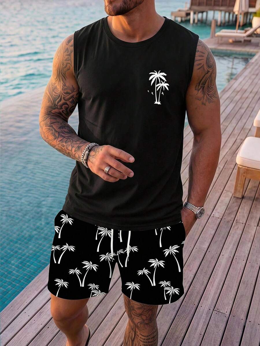 VIVINTIMO Set Tank Top Pria Regular Fit Motif Kelapa Gaya Liburan, Cocok untuk Liburan di Pulau, Liburan Hawaii, Satu Set untuk Padu Padan yang Mudah, Hadiah Istimewa untuk Pacar - MultiWarna - View 1