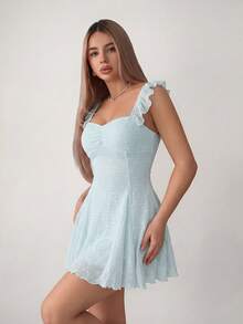 Sweetina 女款刺繡心形領口荷葉袖時尚迷你洋裝 - 淺藍色 - 查看 6