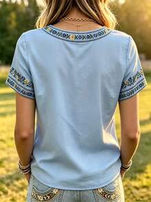 Selamara Women's V-Neck Floral Embroidered Pattern Casual Versatile Daily Wear Top - Blue - View 2