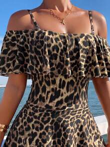 Swim Lushoire Frühling/Sommer Damen Neues Leopardenmuster Zufälliges Muster Schulterträger Off-Shoulder Rüschen Strand Lässig Einteiliges Badekleid - Verschiedenfarbig - Übersicht 4