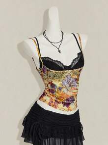 SHEIN ICON 女款豹紋透視細肩帶上衣搭配黑色蕾絲內衣 2件套 - 彩色 - 查看 7