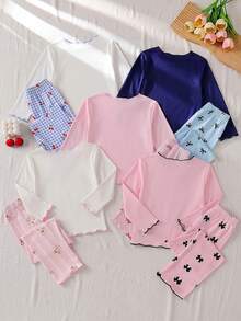 SHEIN 【隨機發貨1套】女童睡衣，四季款櫻桃、熊、蝴蝶結組合印花，領口、袖口與下擺對比色荷葉邊設計，舒適針織長袖長褲兩件套，1套（隨機發貨） - 彩色 - 查看 2