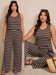 Elaquor Casual Minimalist Plus Size Brown Tank Top And Pants 2 Pieces Set, Suitable For Summer Formal Vacation - Multicolor - View 3
