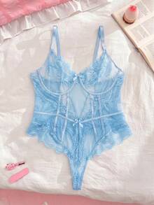 SHEIN 1件大尺碼蕾絲拼接性感內衣 - 藍色 - 查看 1