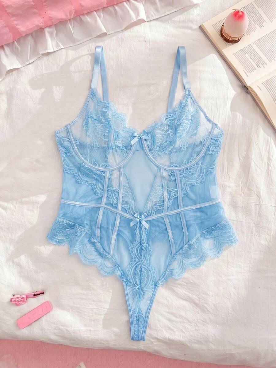 SHEIN 1件大尺碼蕾絲拼接性感內衣 - 藍色 - 查看 1