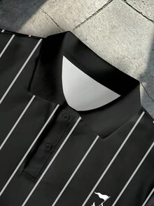 Manfinity EMRG 男士黑白條紋短袖 Polo 衫，夏季街頭運動復古老錢風領口上衣，適合度假、節慶、演唱會、派對 - 彩色 - 查看 4