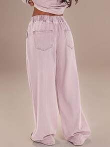 Athîral Denim 女士纯色抽绳腰斜插口袋休闲牛仔裤 - 淺粉色 - 查看 3