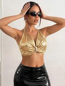 SomedayCozy Women's Metallic Sequin Patchwork Crop Top, Suitable For Halloween, Stage Performance, Evening Party Summer - Gold - View 5