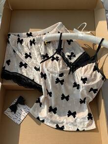 Comfortcana 蝴蝶结印花系带撞色蕾丝天鹅绒套装，白色蝴蝶结套装，秋冬服装，舒适 - 白色 - 查看 7