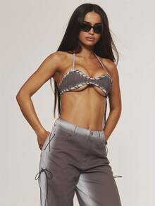 MUSERA Contrast Washed Eyelet Denim Bralet Top Only Sexy Summer Spring Rave Festival Holiday Vacation Party Going Out Tripp - Grey - View 5
